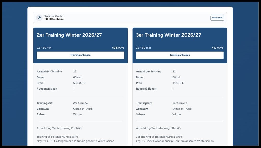 Matchplan Online-Anmeldung: öffentliches Buchungsprofil mit Trainingsangeboten