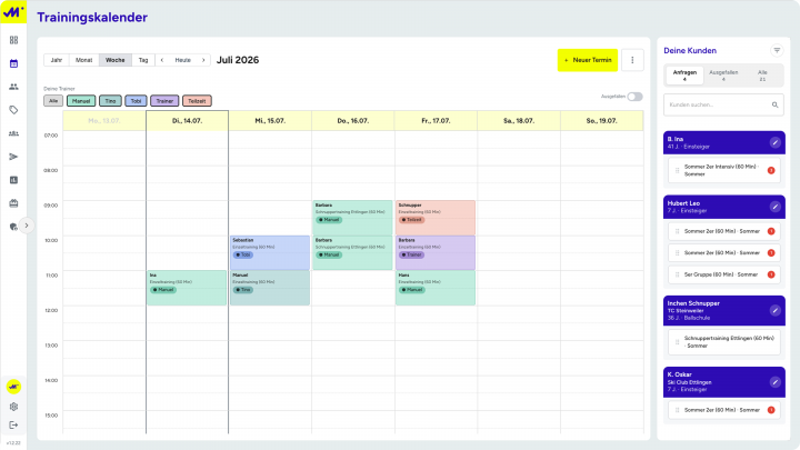 Matchplan Trainingskalender: Wochenplan mit Trainer-Filtern und Kundenliste