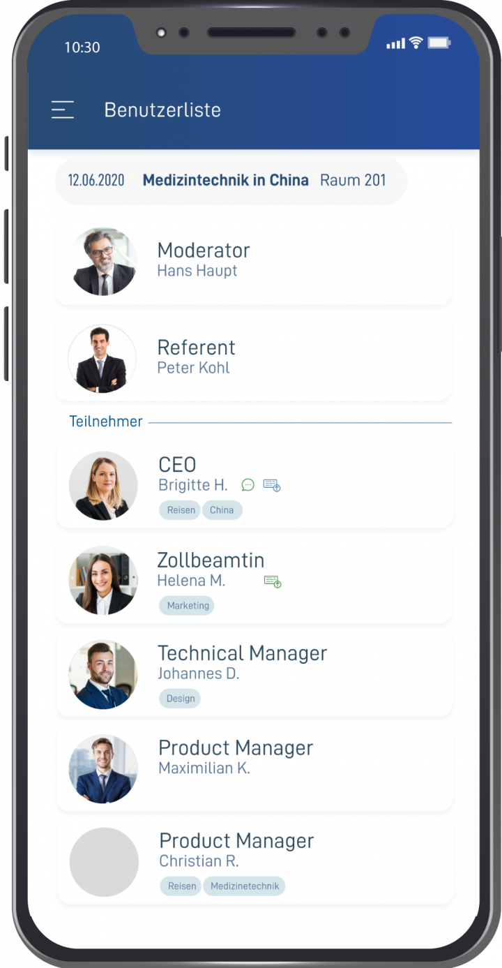 Lobbio Benutzerliste: Teilnehmer einer Veranstaltung mit Rolle, Interessen und Chat-Optionen