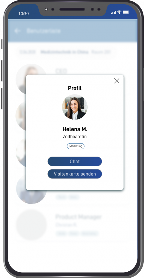 Lobbio Profil-Overlay: Chat starten und Visitenkarte senden
