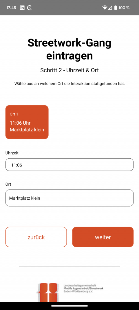Streetwork Mobile App: Gang eintragen, Schritt Ort und Uhrzeit