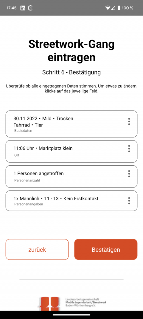 Streetwork Mobile App: Bestätigung der erfassten Gang-Daten vor dem Speichern