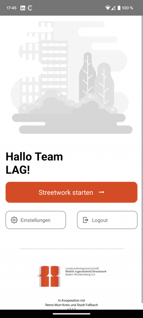 Streetwork Mobile App: Startscreen mit Button Streetwork starten