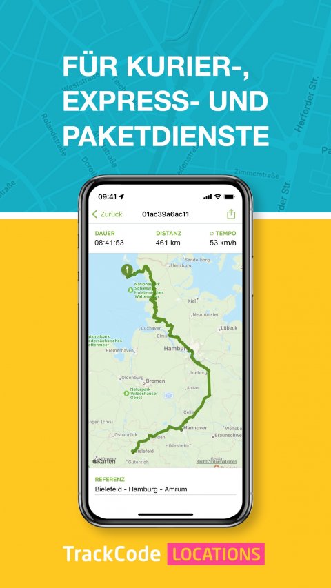 TrackCode Locations: aufgezeichnete Fahrt mit Dauer, Distanz und Route auf der Karte