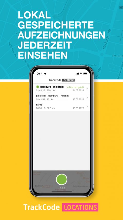 TrackCode Locations: Liste lokal gespeicherter Fahrten mit Status und Kennzahlen